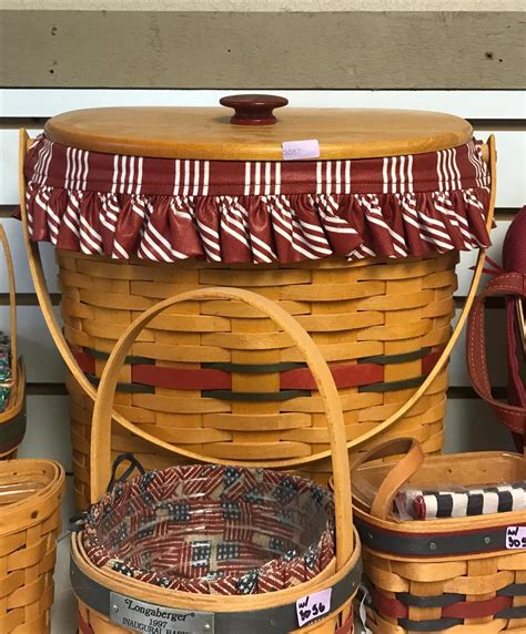 Longaberger Vanity Basket with Woodcrafts Lid, Paprika Red Liner, Strawberry Tie On, & a 5 way divided plastic protector 14x8x6 EUC (2. . Longaberger baskets with lids